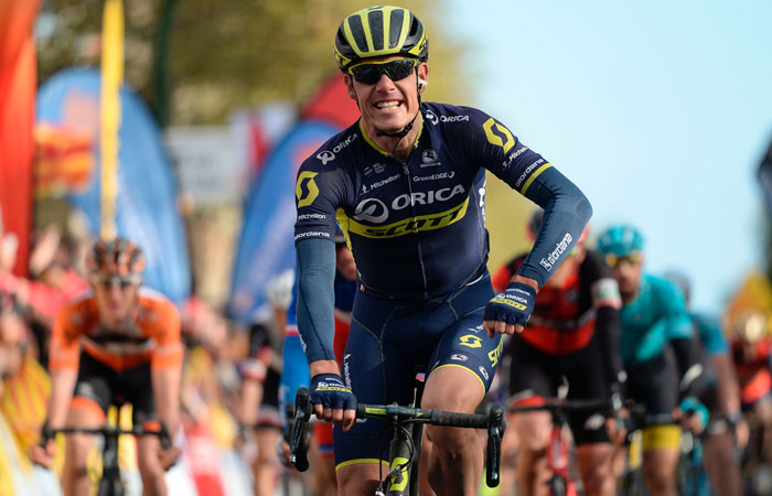 Orica's South African cyclist Daryl Impey celebrates his victory on the finish line on the sixth day of the 97th Volta Catalunya 2017 in Reus Saturday. — AFP