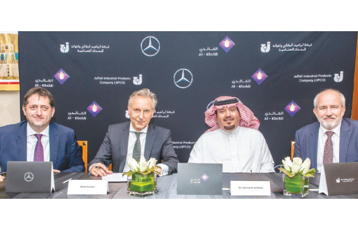 From left: Roland Schneider, President & CEO of Daimler Commercial Vehicles MENA FZE;  Stefan Buchner, Head of Mercedes-Benz Trucks Europe/Latin America;  Sheikh Hamoud Al-Khaldi, Chairman of Al-Khaldi;  and Kobus van Zyl, CEO of JIPCO