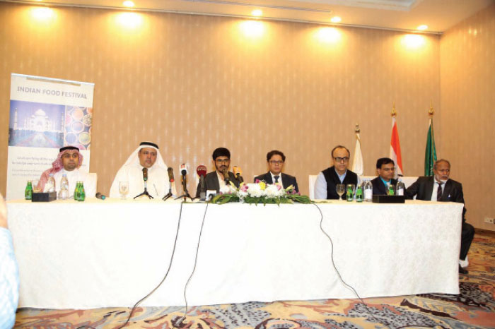 Seen in the picture are Ziyad Ahmed Bin Mahfouz, President & CEO of Elaf Group (2nd left), Abdullah H. Bakri, Vice President Elaf Hotels Company along with Indian Consul General Mohammed Noor Rahman Shiekh (3rd left),  Deputy Consul General Mohammed Shahid Alam, Consul (Consular) Anand Kumar, Consul Press and Information Dr. Irshad Ahmed, and Consul Commerce Dr. Mohammed Noorul Hasan at teh Press conference. — Photos by Krishna Chenmad