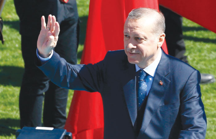 Turkish President Tayyip Erdogan attends a ceremony marking the 102nd anniversary of Battle of Canakkale, also known as the Gallipoli Campaign, in Canakkale, Turkey, on Saturday. — Reuters