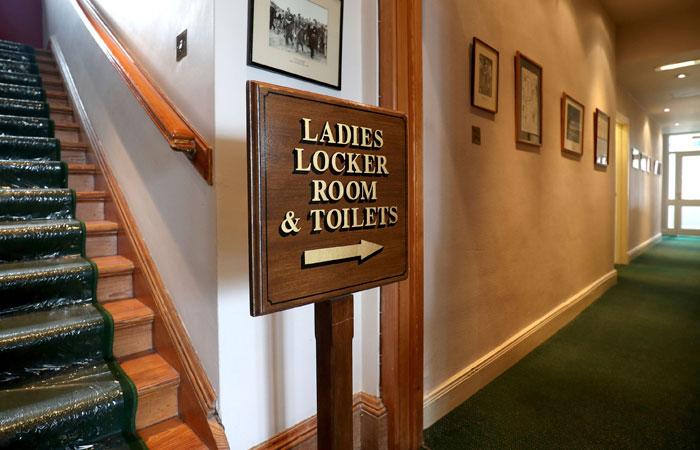 Sign inside the clubhouse at Muirfield Golf Club after it was announced that women after it was announced that women will be admitted as members of Muirfield after a membership ballot was held by The Honorable Company of Edinburgh Golfers, in Gullane, Scotland Tuesday. Muirfield Golf Club voted Tuesday to admit female members for the first time in its 273-year history, paving the way for the Scottish golf club to again host the British Open. — AP