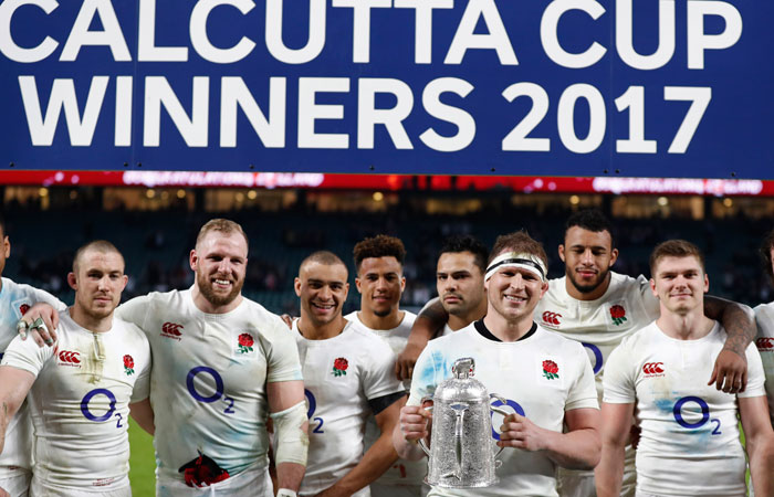 England's Dylan Hartley and teammates celebrate with the Calcutta Cup at Twickenham Saturday. — Reuters