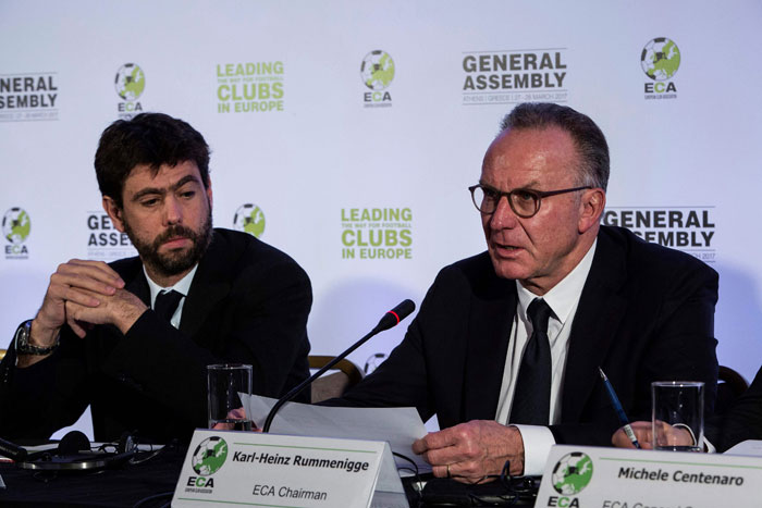 European Club Association Chairman (ECA) Karl-Heinz Rummenigge (R) gives a press conference next to Juventus football club president Andrea Agnelli after the ECA general assembly in Athens, on Tuesday. — AFP