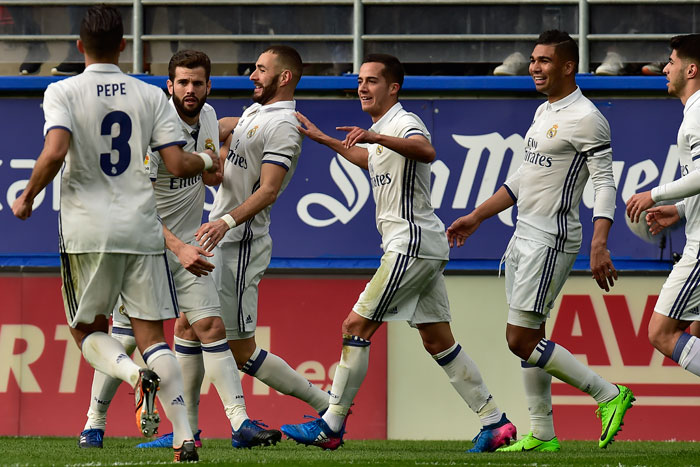 Real Madrid's Karim Benzema (3rd L) celebrates his second goal against Eibarl during the Spanish La Liga soccer match at Ipurua Stadium, in Eibar, northern Spain, Saturday. — AP