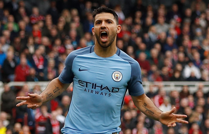 Manchester City's Sergio Aguero celebrates scoring against Middlesbrough during their FA Cup quarterfinal match at the Riverside Stadium in Middlesbrough Saturday. — Reuters