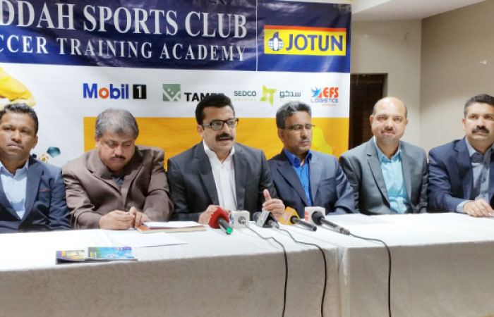 JSC President Jaffer Ahmed (3rd L) speaks during the press conference in Jeddah. Other officials seen are (from L) Praveen Padman, Saleem P.R., Basheer Machingal, Ismail Kallayi and Mohammed Faseesh.