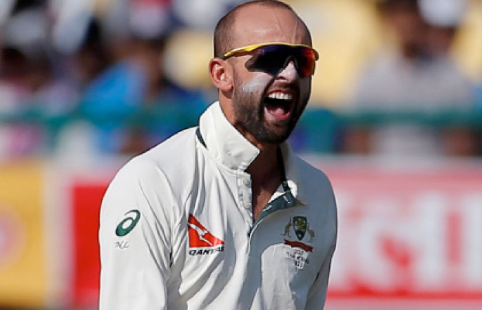 Australia’s Nathan Lyon celebrates after dismissing India’s captain Ajinkya Rahane during the fourth Test match in Dharmasala Sunday. — Reuters