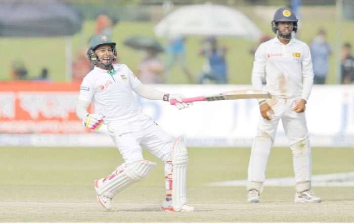 Bangladeshi captain Mushfiqur Rahim celebrates their victory over Sri Lanka on day five of their second Test cricket match in Colombo Sunday. — AP