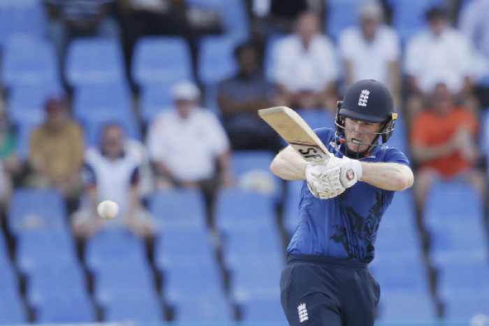 England’s captain Eoin Morgan plays a shot against West Indies during their One-Day International cricket match at the Sir Vivian Richards Stadium in North Sound, Antigua, Friday. — AP