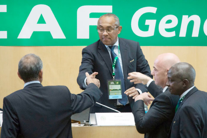 Ahmad Ahmad (C) of Madagascar is congratulated by FIFA President Gianni Infantino (2nd R) after being elected the new president of the Confederation of African Football (CAF) in Addis Ababa Thursday. — AFP