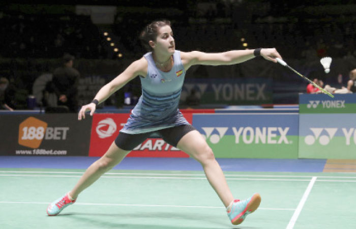 Spain’s Carolina Marin in action during the women’s singles match during day two of the All England Open Badminton Championships in Birmingham, England, Wednesday. — AP