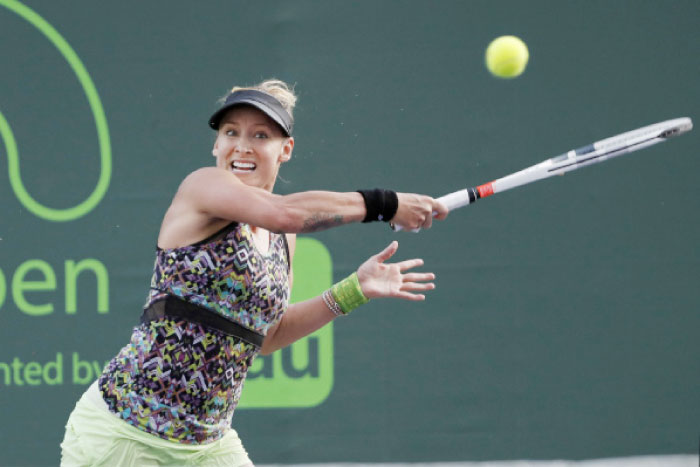 Bethanie Mattek-Sands of the US hits a forehand against Elina Svitolina of Ukraine at the 2017 Miami Open at Crandon Park Tennis Center Thursday. — Reuters