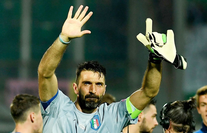 Italy’s goalkeeper Gianluigi Buffon greets fans at the end of the FIFA World Cup 2018 qualifier against Albania at Renzo Barbera Stadium in Palermo, Italy, Friday. — AFP
