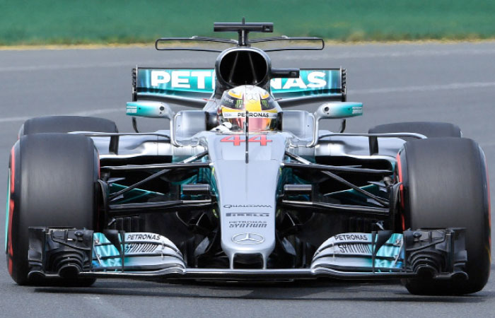 Mercedes’ British driver Lewis Hamilton speeds through during the second practice session at the Formula One Australian Grand Prix in Melbourne Friday. — AFP