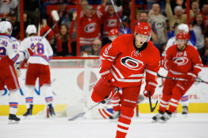 Carolina Hurricanes’ forward Sebastian Aho celebrates his third period goal against the New York Rangers at PNC Arena in Raleigh Thursday. — Reuters