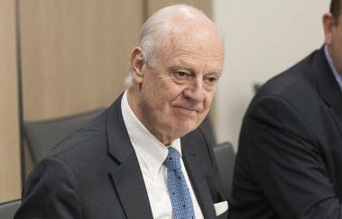 UN Special Envoy for Syria Staffan de Mistura attends a meeting at the European headquarters of the United Nations in Geneva, Switzerland, on Saturday. — AP
