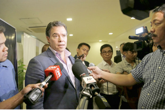 Ernest Bower, a senior adviser for the Southeast Asia program of Washington-based think tank Center for Strategic and International Studies answers questions about disputes on the South China Sea in Makati, south of Manila, on Friday. — AP