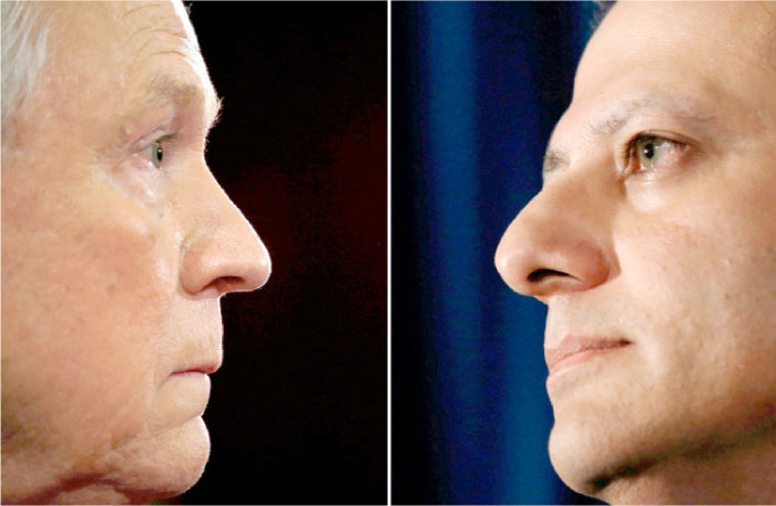 A combination of file photos shows then-US Sen. Jeff Sessions testifying at a Senate Judiciary Committee confirmation hearing in Washington, D.C., and US Attorney Preet Bharara, right, speak during a news conference in New York. — Reuters