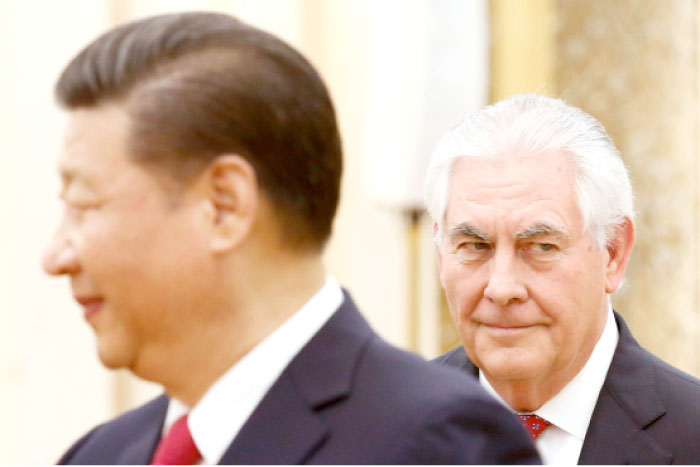 China’s President Xi Jinping meets US State of Secretary, Rex Tillerson at the Great Hall of the People in Beijing on Sunday. — Reuters
