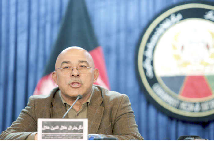Gen. Helaludin Helal, deputy defense minister speaks during a news conference in Kabul, Afghanistan, on Wednesday. — AP