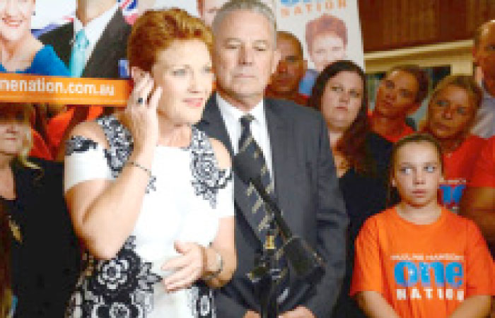 Australian Senator Pauline Hanson addresses a Pauline Hanson›s One Nation election function in Perth, Western Australia, on Saturday. — Reuters
