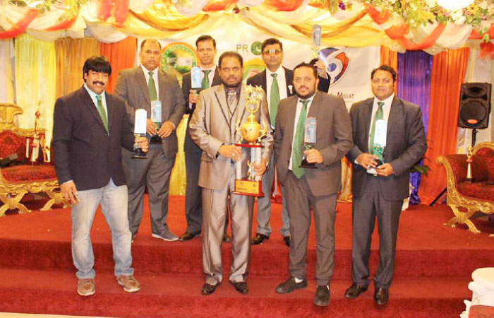 (From L) Syed Khaja Viqaruddin, Mahmood Misri, Mohammed Shafi, Aijaz Ahmed Khan, Mirza Qudrath Nawaz Baig, Mohammed Al-Qureshi Irfan and Syed Azeez hold trophies during the launching ceremony.