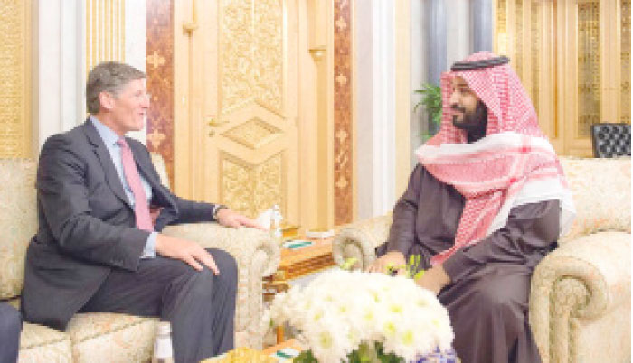 Deputy Crown Prince Muhammad Bin Salman, second deputy premier and minister of defense, receives Citigroup’s Chief Executive Officer Michael Corbat in Riyadh on Sunday before his visit to the US. They discussed investment and cooperation opportunities in the Kingdom in accordance with the Kingdom’s Vision 2030. — SPA