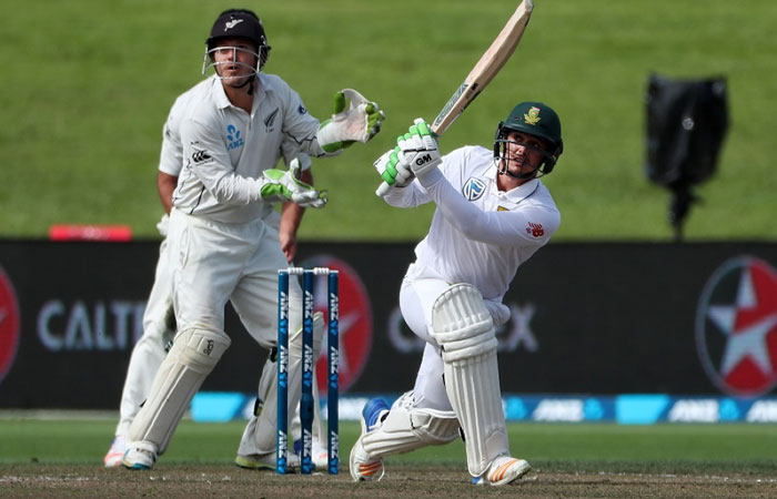 South Africa’s batsman Quinton de Kock in action against New Zealand in the deciding third Test cricket match in Hamilton Sunday. — AFP