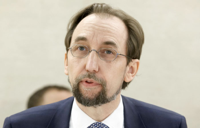 UN High Commissioner for Human Rights Jordan’s Zeid Ra’ad Al Hussein, delivers his speech, during a Panel discussion on the situation of human rights in the Syrian Arab Republic, during the 34th session of the Human Rights Council, at the European headquarters of the United Nations in Geneva, Switzerland, Tuesday. — AP