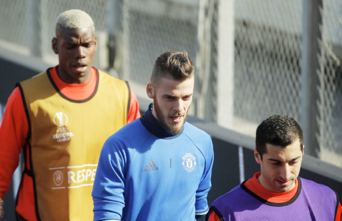 Manchester United’s David De Gea (C), Paul Pogba (L) and Henrikh Mkhitaryan during a training session at Olimp-2 Stadium, Rostov-on-Don, Russia, Tuesday. — Reuters