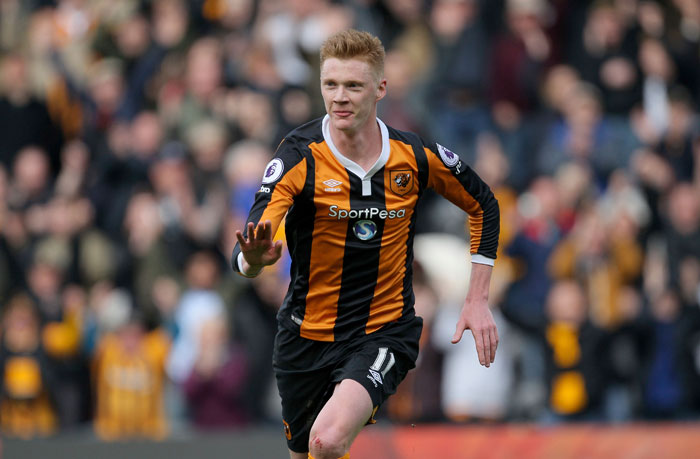 Hull City's Sam Clucas celebrates scoring during their English Premier League match against Watford at the KCOM Stadium in Hull Saturday. — AP