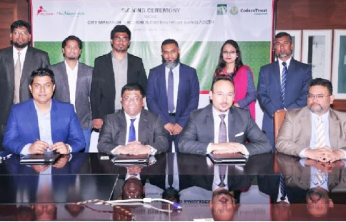 Farid Masmoudi, Director of ICD; Sohail R.K. Hussain, Managing Director and Chief Executive of the City Bank Limited;  and Ataul Goni Osmani, Country Director of CodersTrust Bangladesh Limited sign the MOU on behalf of their respective institutions