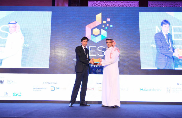 Mobily Executive General Manager for Security and Privacy Eng. Abdullah Alomari receives the recognition  during the Middle East Security Awards event in a ceremony held in Dubai.