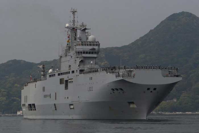 French amphibious assault ship Mistral arrives at Japan Maritime Self-Defense Force’s Sasebo naval base in Sasebo, Nagasaki prefecture, Japan, on Saturday, ahead of joint exercises with US, British and Japanese forces in waters off Guam. — Reuters