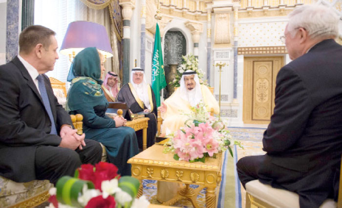 Custodian of the Two Holy Mosques King Salman receives Speaker of the Russian Federation Council Valentina Matviyenko and the accompanying delegation at Al-Yamama Palace in Riyadh on Sunday. — SPA