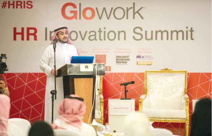 Khalid Alkhudair, Glowork’s founder and CEO, making a point at the HR Innovation Summit. — Courtesy photo