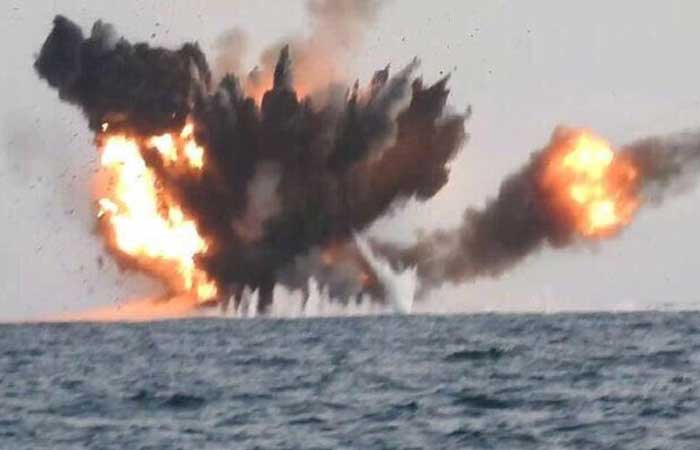 Border Guards detonate the booby-trapped boat in Saudi waters off Jazan coast on Tuesday. — SPA