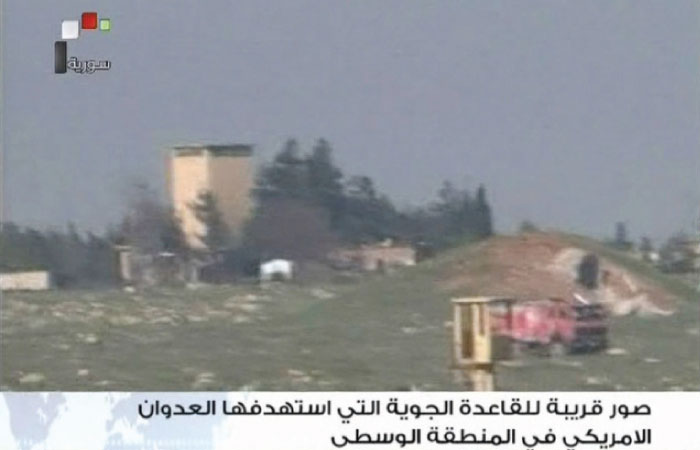 A still image taken from a video broadcast on Syrian state television on Friday, shows a Syrian army airbase that was hit by a US strike near the city of Homs, Syria. — Reuters
