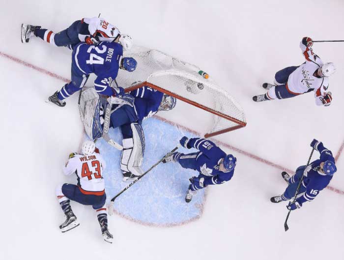 Marcus Johansson No. 90 of the Washington Capitals celebrates a goal against the Toronto Maple Leafs in Game Six of the Eastern Conference Quarterfinals during the 2017 NHL Stanley Cup Playoffs at the Air Canada Centre on Sunday in Toronto, Ontario, Canada. The Capitals defeated the Maple Leafs 2-1 in overtime to win series 4-2. — AFP