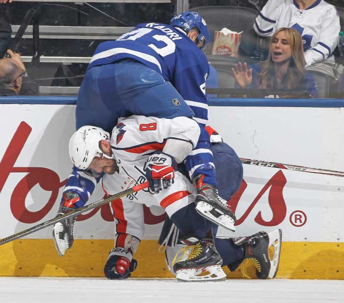 Alex Ovechkin No. 8 of the Washington Capitals gets set to flip Nazem Kadri No. 43 of the Toronto Maple Leafs off his back in Game Six of the Eastern Conference Quarterfinals during the 2017 NHL Stanley Cup Playoffs at the Air Canada Centre in Toronto, Ontario, Canada. — AFP
