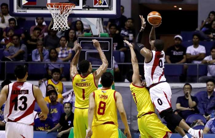 By JAY R. GOTERA   MANILA — The San Miguel Beermen rolled to their third straight victory, repulsing the Star Hotshots, 103-97, in the PBA Commissioner’s Cup Sunday night.   The Beermen led by as many as 19 points but had to fight hard in the endgame to fend off a furious Star onslaught.   Import Charles Rhodes showed tremendous firepower, leading the Beermen with 29 points on 11-of-14 shooting, to go along with 10 rebounds.   Chris Ross was SMB’s top local scorer with 19 points on 7-of-12 shooting. His layup with 22 seconds gave his team a six-point lead, dashing Star’s comeback hopes. Star’s Paul Lee earlier nailed a three-pointer that cut SMB’s lead to just four points, 99-95, with about a minute left.   Marcio Lassiter added 16 markers while Arwind Santos and June Mar Fajardo chipped in 13 and 10 points, respectively.   The Hotshots absorbed a second straight loss after a 4-0 start. Their first loss was inflicted last week by another sister team, the Barangay Ginebra Kings.   Import Tony Mitchell led Star with 22 points, 11 rebounds, three blocks, and one steal before fouling out in the final minutes of the game. Ian Sangalang  led Star’s locals with 18 markers. Lee added 16 points whole Allein Maliksi and Mark Barroca contributed 11 and 10, respectively.    Meralco 102, Blackwater 91    The Meralco Bolts whipped up a huge storm in the payoff period to blow past the Blackwater Elite, 102-91, after trailing for most parts of the game.   Down by eight points at the start of the fourth quarter, the Bolts unleashed a 30-11 run to turn the game around and pull away to their second straight victory and sixth in seven games.   The Bolts thus assured themselves of at least a tie for one of the eight spots in the quarterfinals after finishing second to last and getting an early exit in the last conference.   Jared Dillinger, Alex Stepheson and Kelly Nabong led Meralco’s fiery comeback in the final quarter.   Dillinger led all scorers with 21 points, including three triples, the last one giving Meralco a 100-88 lead with 49 ticks left.   Stepheson tallied 18 points, 15 rebounds, five assists, and two steals in 38 minutes.   Nabong scored a personal conference-high 13 points, 11 of them in the fourth period. He also grabbed nine rebounds in just 22 minutes.   Chris Newsome and Baser Amer added 14 and 12, respectively.   Import Greg Smith paced Blackwater with 19 points, 14 boards, seven assists, three steals, and three blocks in 43 minutes that just went down the drain as the Elite suffered their fifth loss in six games.   Mike Digregorio added 16 points and KG Canaleta chipped in 14, his best output since joining Blackwater.   Games Wednesday: San Miguel Beer vs. Mahindra Floodbuster and NLEX Road Warriors vs. Barangay Ginebra Kings.