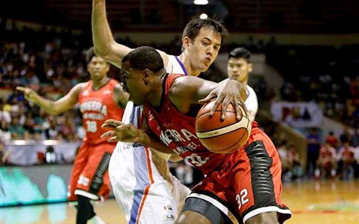 Ginebra's Justin Brownlee tries to get past NLEX's Sean Anthony in their PBA Commissioner's Cup game at the Cuneta Astrodome Wednesday night.