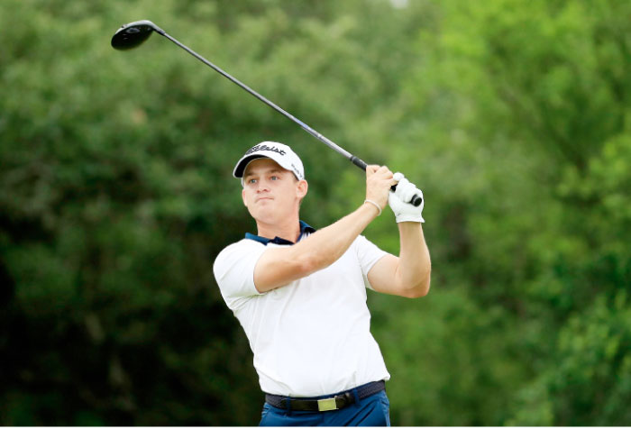 Bud Cauley plays his shot from the ninth tee during the second round of the Valero Texas Open at TPC San Antonio AT&T Oaks Course in Texas Friday. — AFP