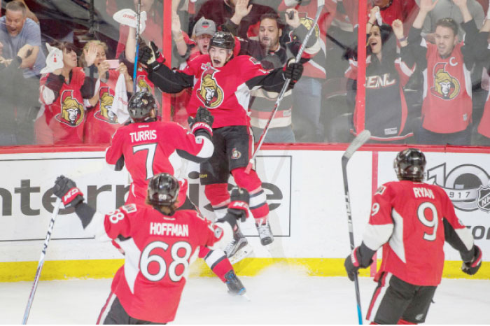 Ottawa Senators’ center Jean-Gabriel Pageau celebrates his third goal against New York Rangers in Game 2 of the Stanley Cup Playoffs at Canadian Tire Centre in Ottawa Saturday. — Reuters