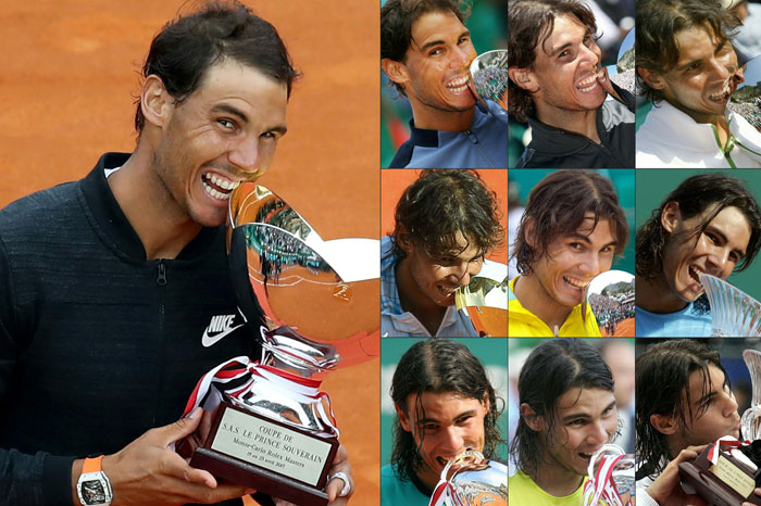 This combination of pictures created on April 23, 2017 shows Spain's Rafael Nadal celebrating with the trophy after he won (from top L) the Monte-Carlo ATP Masters Series Tournament final in Monaco on April 23, 2017, on April 17, 2016, on April 22, 2012, on April 17, 2011, on April 18, 2010, on April 19, 2009, on April 27, 2008, on April 22, 2007, on April 23, 2006 and on April 17, 2005. — AFP