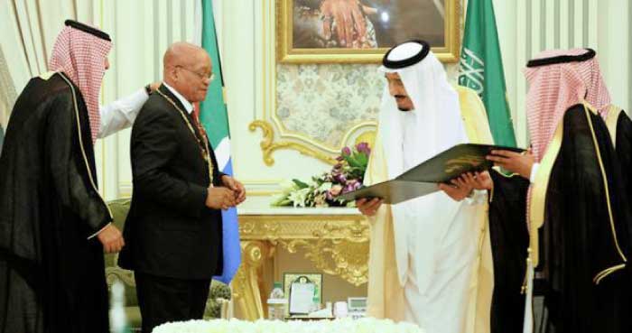 Custodian of Two Holy Mosques King Salman bestows on President Jacob Zuma the King Abdul Aziz First Order, the highest award given to Heads of State by the Kingdom of Saudi Arabia, during the state visit of President Zuma to Saudi Arabia in March 2016. — Courtesy photo