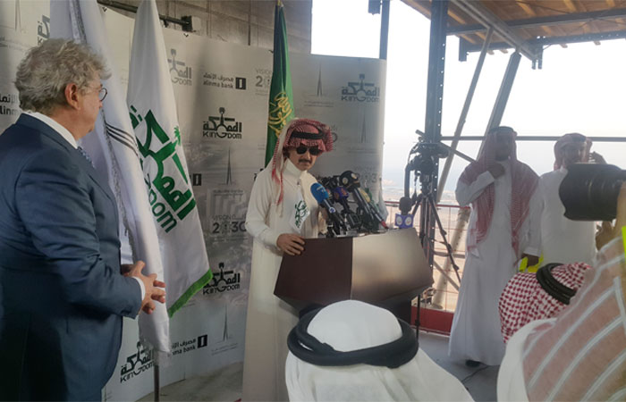 Prince Alwaleed Bin Talal, chairman of Kingdom Holding Company, addressing the press on the level of building of the Jeddah Tower. — Courtesy photo