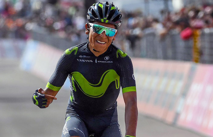 Colombia's Nairo Quintana celebrates after winning the 9th stage of the Giro d'Italia, Tour of Italy cycling race, from Montenero di Bisaccia to Blockhaus, Sunday. — AP