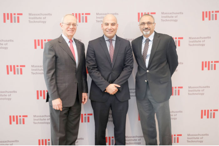 From left: MIT President L. Rafael Reif; Fady Mohammed Jameel, President of Community Jameel International; and MIT Vice President for Open Learning Sanjay Sarma