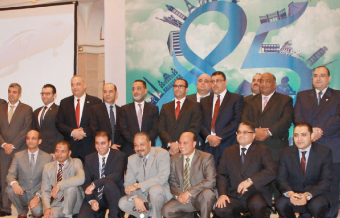 Egyptian consul general in Jeddah Hazem Ramadan, top management of Saudi Airlines and Saudi Ground Services, representatives of top travel agencies in Saudi Arabia and EgyptAir staff from Jeddah, Riyadh and Dammam pose for a group photo